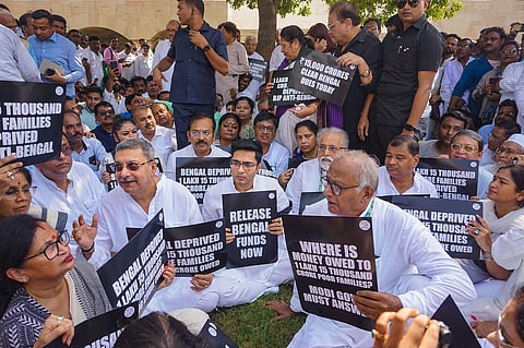 TMC's Abhishek Banerjee along with party leaders during their protest against BJP-led Central government over alleged apathy towards Bengal, in New Delhi. (PTI)