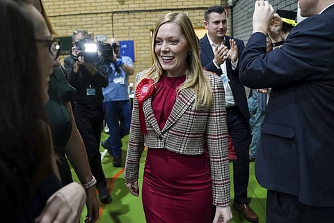 Labour candidate Sarah Edwards arrives for the Tamworth by-election count at The Rawlett School, in Tamworth, England, Oct 20, 2023. (Photo | AP)