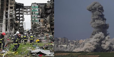 Collage of scene from the Russia-Ukraine war and Israel-Hamas conflict.