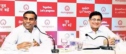 MM Murugappan, Executive Chairman of Murugappa Group, and Group CFO Sridharan Rangarajan at a press conference | Express Photo