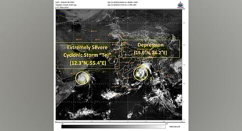 Image released by India Meteorological Department showing the movement of Cyclone 'Tej'. (Photo | IMD Twitter)