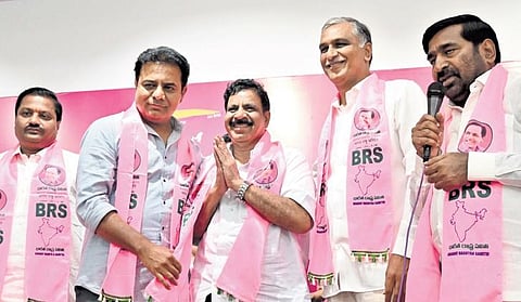 BRS leaders KT Rama Rao, T Harish Rao and Jagadish Reddy welcome Ch Sudhakar from the Congress into the pink party fold at the Telangana Bhavan.
