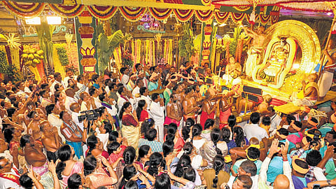 Lord Malayappa Swamy rides Chandra Prabha Vahanam at Tirumala.
