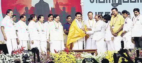 Chief Minister M K Stalin taking part in a training programme for the DMK’s north zone booth-level agents in Tiruvannamalai on Sunday | S Dinesh