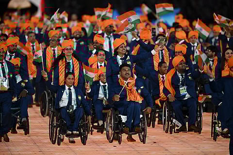 Members of Indian contingent attend the opening ceremony of the 4th Asian Para Games in Hangzhou, China ons Sunday, October 22, 2023. (Photo | PTI)