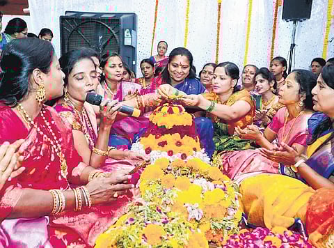 K Kavitha participates in Bathukamma festival in Solapur in Maharashtra on Sunday