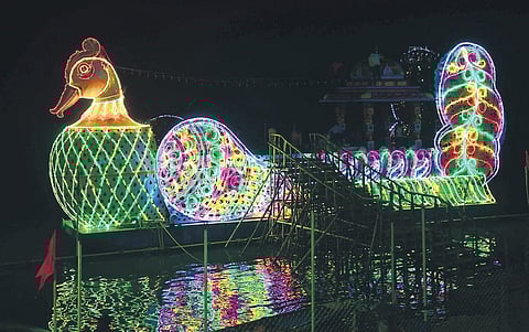 Trial run for Teppotsavam of Goddess Durga being held in Krishna river at Prakasam Barrage, which marks the end of Devi Navaratri festivities in Vijayawada I Express