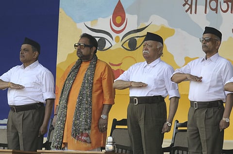 RSS chief Mohan Bhagwat with singer Shankar Mahadevan and others during the RSS 'Vijayadashami Utsav', in Nagpur, Maharashtra, on Oct 24, 2023. (PTI)