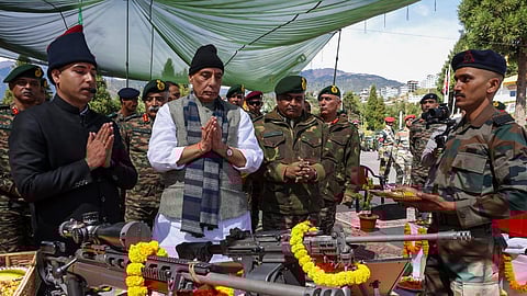 File: Defence Minister Rajnath Singh carrying out Shastra Puja with the troops at Tawang, Arunachal Pradesh.