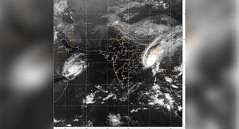 Satellite image taken between 9:00 am and 9:26 am IST shows the location of Cyclone Tej in the Arabian Sea, Cyclone Hamoon in the Bay of Bengal, on Oct. 24, 2023. (PTI)
