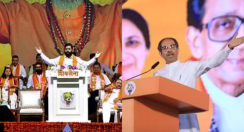A collage of Maharashtra CM Eknath Shinde and Sena (UBT) leader Uddhav Thackeray (R) during Dussehra rally, in Mumbai, Tuesday, Oct. 24, 2023. (Photo | PTI, ShivSenaUBT)
