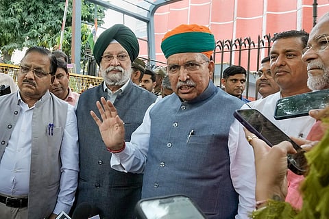 A BJP delegation comprising Union Ministers Hardeep Singh Puri and Arjun Ram Meghwal addresses the media after meeting with the Election Commission of India on October 25, 2023. (Photo | PTI)