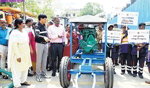 Corporation commissioner J Radhakrishnan inspecting vehicles and equipment on Tuesday | express