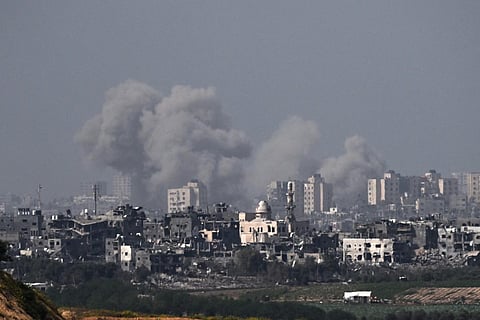 A picture taken from Israel's southern city of Sderot shows smoke billowing during an Israeli airstrike on the northern Gaza Strip on October 24, 2023. (Photo | AFP)