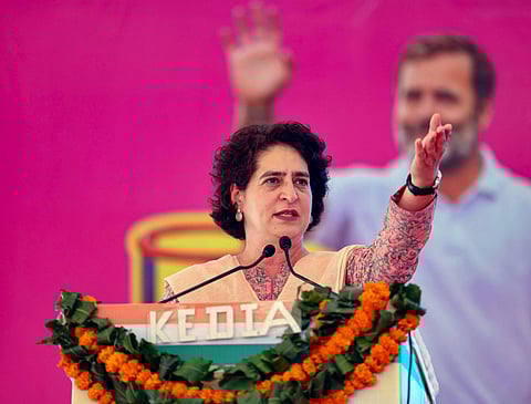 Congress leader Priyanka Gandhi Vadra addresses the gathering during a public meeting ahead of the upcoming state Assembly election, in Jhunjhunu district, Wednesday, Oct. 25, 2023. (Photo | PTI)
