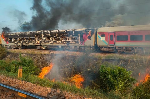 Coaches of the Patalkot Express after a fire broke out, near Bhadai railway station in Agra, Wednesday, Oct. 25, 2023. (Photo | PTI)