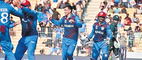 Afghanistan players celebrate the loss of a Pakistani wicket during the ODI world game in Chennai. (Photo, P Ravikumar EPS)