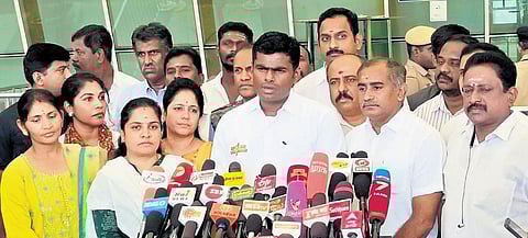 Annamalai speaking to reporters at Coimbatore airport on Wednesday | Express