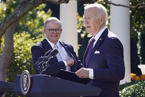 President Joe Biden and Australia's Prime Minister Anthony Albanese hold a news conference in the Rose Garden of the White House in Washington, Wednesday, Oct. 25, 2023. (AP)