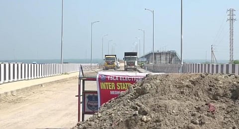 The Lakshmi Barrage (Medigadda) of Kaleshwaram Lift Irrigation Scheme (KLIS) pillars were sunk due to water pressure on Saturday.(Photo | Express)