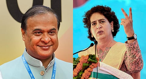 A collage of Assam Chief Minister Himanta Biswa Sarma and Congress General Secretary Priyanka Gandhi. (Photo | PTI)