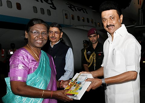 President Droupadi Murmu being received by Tamil Nadu Chief Minister M.K. Stalin upon her arrival at Chennai airport, Thursday, Oct. 26, 2023. (Photo | PTI)
