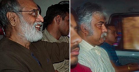 FILE - NewsClick founder Prabir Purkayastha (L) and HR Head Amit Chakravarty being brought to the Lodhi Road Special Cell office, in New Delhi, on Oct. 3, 2023. (Photo | PTI)