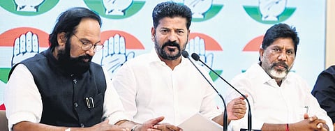 TPCC chief A Revanth Reddy speaks during a press conference in New Delhi on Thursday