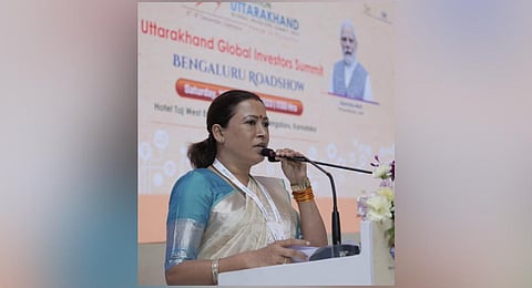ttarakhand Women and Child Welfare minister Rekha Arya speaks at the grand road show of Uttarakhand Global Investor Summit 2023 in Bengaluru.(Photo | Express)