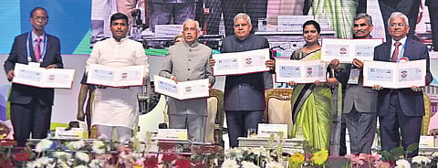 Vice President Jagdeep Dhankhar and Andhra Pradesh Governor S Abdul Nazeer participated in the centenary celebrations of AMC in Vizag on Saturday | Express