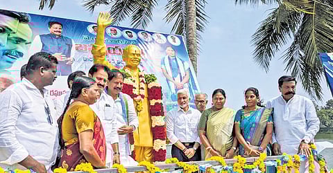 YSRC leaders take part in Samajika Sadhikara Bus Yatra in Bapatla Assembly constituency on Saturday | Express