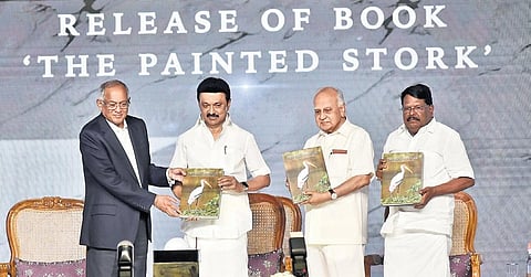 CM MK Stalin releases the book The Painted Stork authored by Neil Hayward at the event to launch the scholarship scheme on Saturday | express