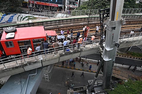 Green line services in the Northern stretch were severely impacted. Partial operations continued later with train run on one track. (Photo | Shashidhar Byrappa)