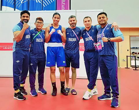Lovlina Borgohain with the support staff after her bout on Tuesday (Photo | BFI)