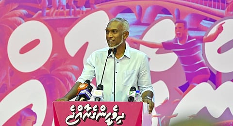President-elect of the Maldives Mohamed Muiz speaks with supporters in Male, Maldives. (Photo | AP)