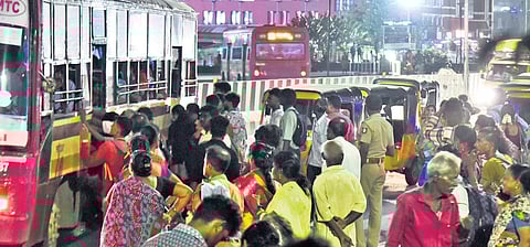 People boarding a bus near Central station as 41 suburban train services were cancelled in the Chintadripet-Chengalpattu section due to maintenance | P Jawahar