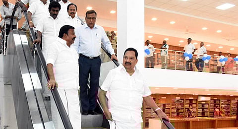 Ministers R Gandhi and KN Nehru at the renovated Co-optex centre in Salem on Monday | V Sakthi