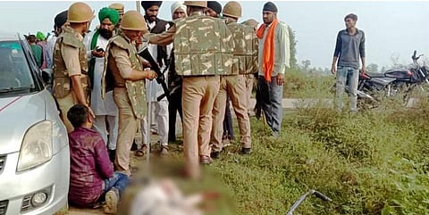 Security personnel keep vigil after violence broke out after farmers agitating were allegedly run over by a vehicle in the convoy of a union minister, in Lakhimpur Kheri, Oct. 3, 2021. (Photo | PTI)