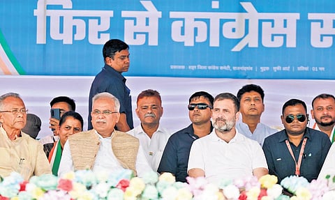 Rahul Gandhi with Bhupesh Baghel in Rajnandgaon on Sunday | pti