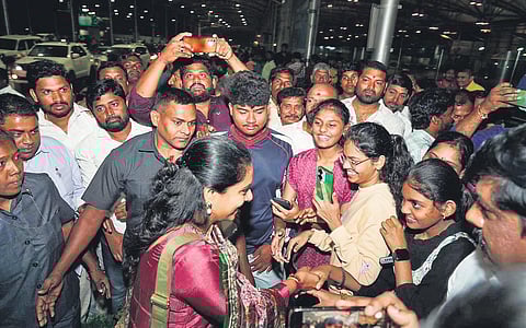 BRS MLC K Kavitha left for England on Sunday to address a seminar at the University of Oxford on the achievements of Telangana.