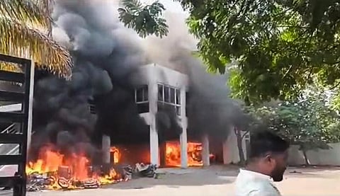 Maratha reservation agitators set on fire the residence of NCP MLA Prakash Solanke in Beed, Maharashtra, Monday, Oct. 30, 2023. (PTI)