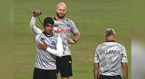 Sri Lankan players during a training session in Pune on Sunday | PTI