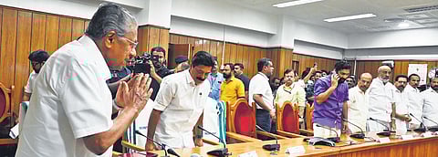 Chief Minister Pinarayi Vijayan greets representatives of various parties at the all-party meeting held in Thiruvananthapuram on Monday | Vincent Pulickal
