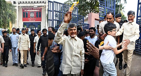 TDP supremo N Chandrababu Naidu comes out of the Rajamahendravaram Central Prison as he is given interim bail for 4 weeks. (Photo | Express)