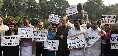 FILE - This November 2019 image shows Congress MPs protesting against the Electoral bond at Parliament house in New Delhi on Friday. (Photo | Shekhar Yadav/EPS)