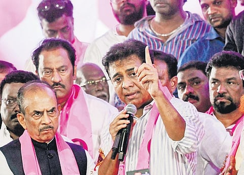 BRS working president KT Rama Rao addresses a meeting of minorities at Jalavihar in Hyderabad on Monday | Vinay Madapu