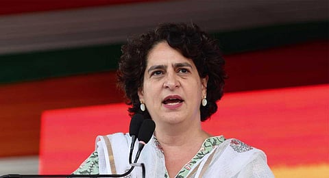 AICC General Secretary Priyanka Gandhi Vadra addresses a public meeting ahead of Chhattisgarh Assembly elections, in Bilaspur, Monday, Oct. 30, 2023. (PTI)