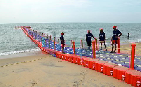 Floating bridge at Kuzhupilly beach, which will be opened to public. (Photo | T P Sooraj)