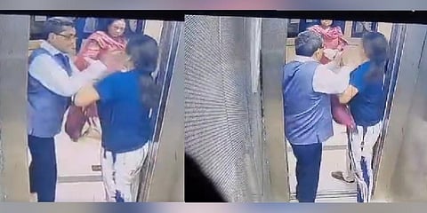 A screengrab from the CCTV footage of quarrel that broke out over pet dog in Noida (Photo | Twitter)