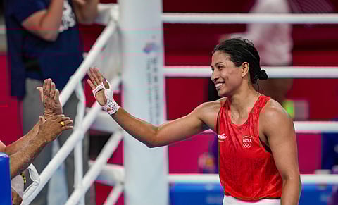 India's Lovlina Borgohain during the final match of women's 66kg-75kg category boxing event at Asian Games. (Photo | PTI)
